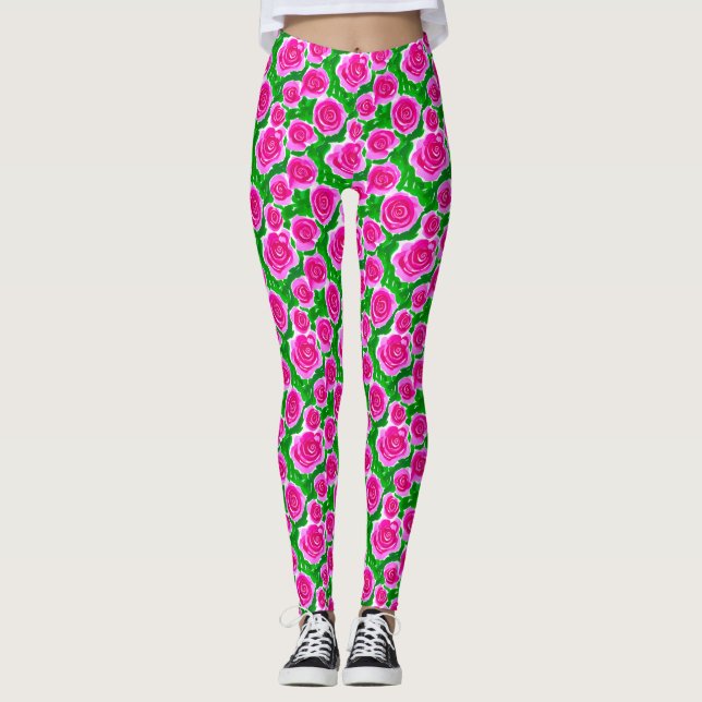 Fuchsia Pink Rose Leggings (Vorderseite)