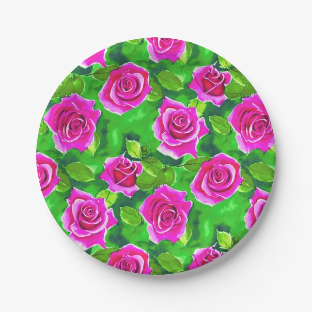 Fuchsia Pink Rose Muster Pappteller (Vorderseite)