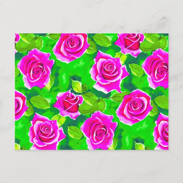 Fuchsia Pink Rose Muster Postkarte (Vorderseite)