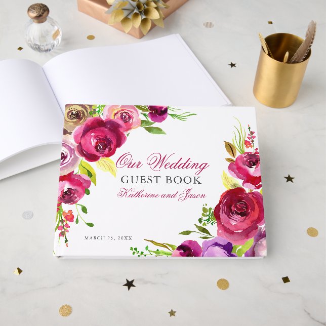 Fuchsia Pink Rose Romantische Gartenhochzeit Gästebuch (Vorderseite Offen)