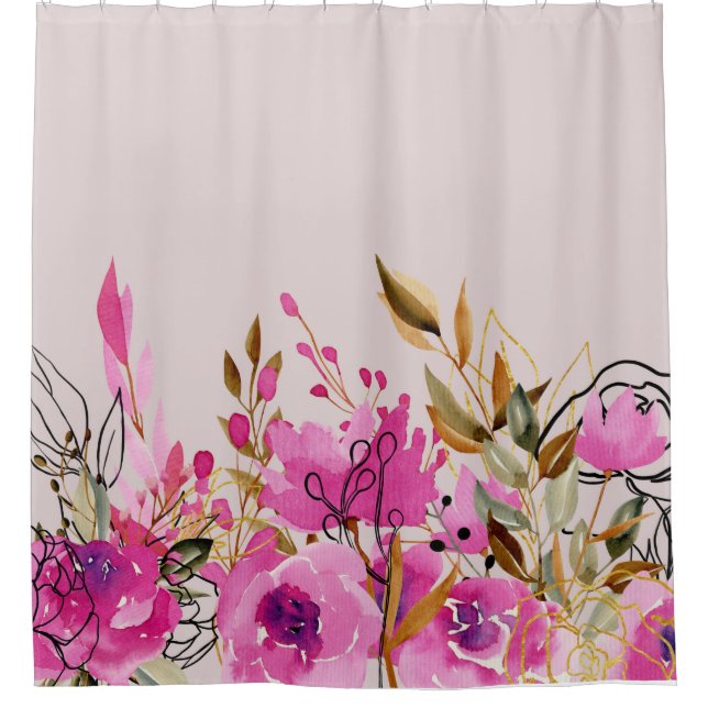 Fuchsia Pink Roses and Gold Blätter Kunst, Dichtun Duschvorhang (Vorderseite)