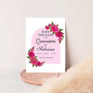 Fuchsia Pink Roses & Butterfly arch Quinceañera Save The Date
