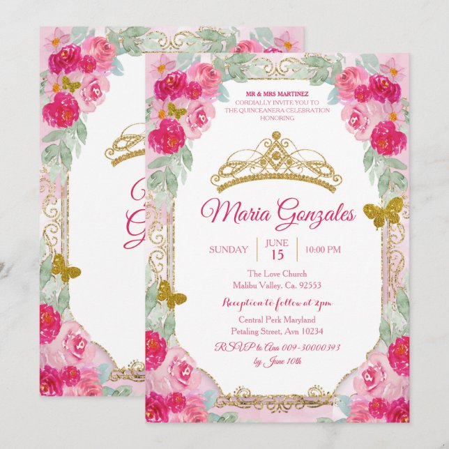 Fuchsia Pink Roses & Butterfly Mis Quince Einladung (Vorne/Hinten)
