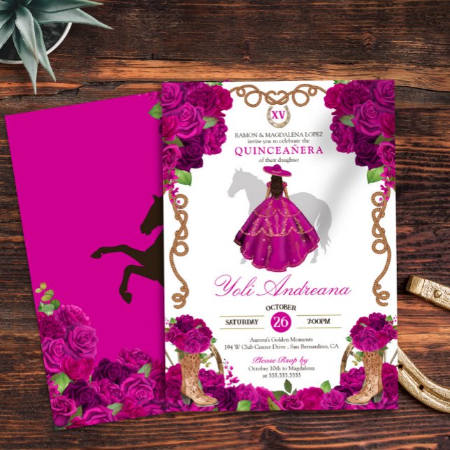 Fuchsia Pink Roses Western Charro Quinceañera Einladung (Von Creator hochgeladen)