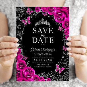 Fuchsia Pink Schwarz Silber Quinceanera Floral Save The Date