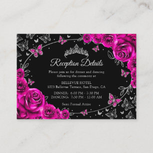 Fuchsia Pink Silber Quinceanera Empfangsdetails Begleitkarte