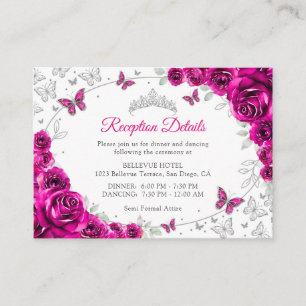 Fuchsia Pink Silber Quinceanera Empfangsdetails Begleitkarte
