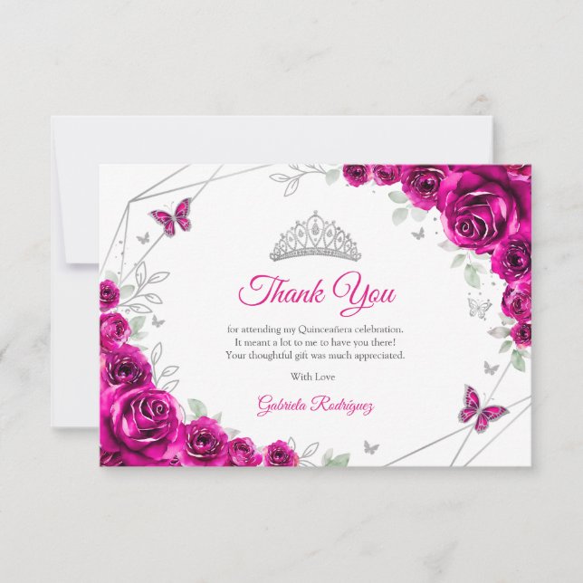Fuchsia Pink Silver Floral Quinceanera Dankeskarte (Vorderseite)