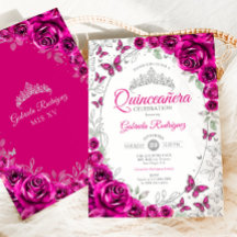 Fuchsia Pink Silver Floral Quinceanera