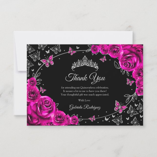 Fuchsia Pink Silver Quinceanera Dankeskarte (Vorderseite)