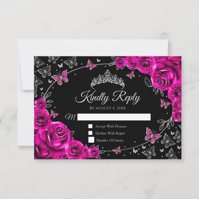 Fuchsia Pink Silver Quinceanera Reply RSVP Karte (Vorderseite)