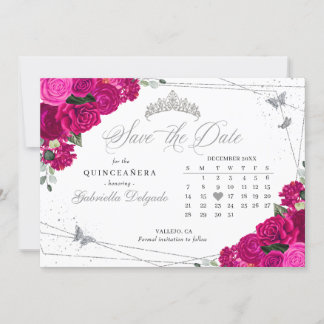 Fuchsia Pink & Silver Quinceañera Save the Date Einladung