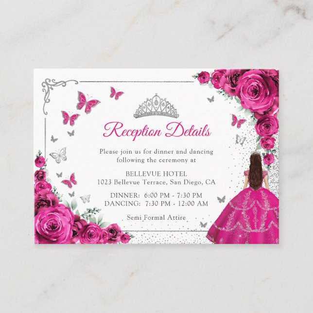 Fuchsia Pink Silver Quincenarea Reception Details Begleitkarte (Vorderseite)