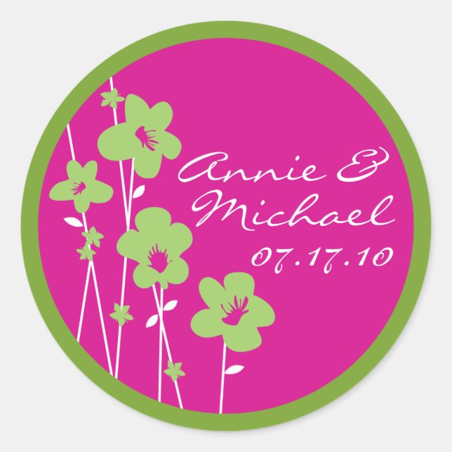Fuchsia Pink und Lime Green Anemone Blume Hochzeit Runder Aufkleber (Vorderseite)