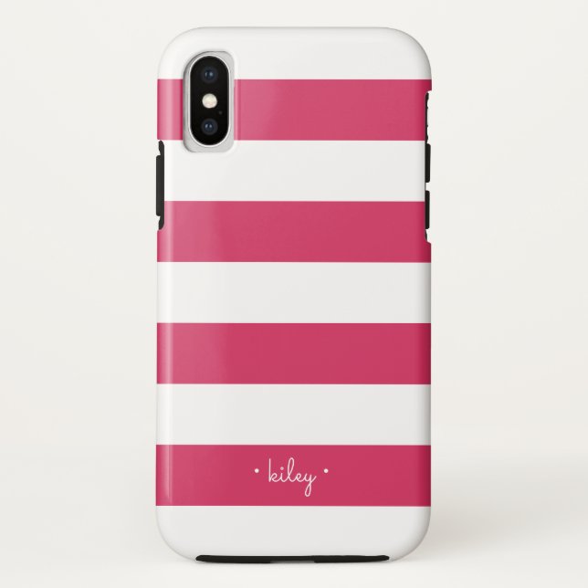 Fuchsia Pink & White Strip Personalisiert Case-Mate iPhone Hülle (Rückseite)