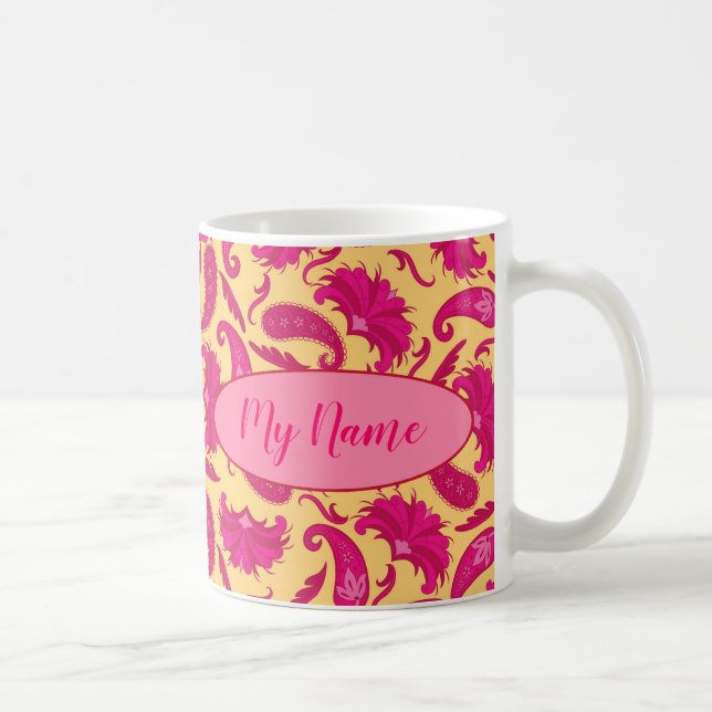 Fuchsia Pink Yellow Name Personalisiert Paisley Kaffeetasse (Rechts)