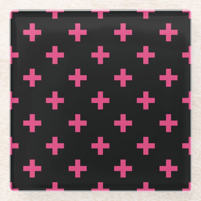 Fuchsia polka kreuzt schwarz glasuntersetzer (Vorderseite)