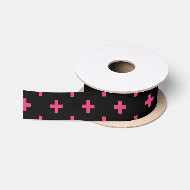 Fuchsia polka kreuzt schwarz satinband (Spule)