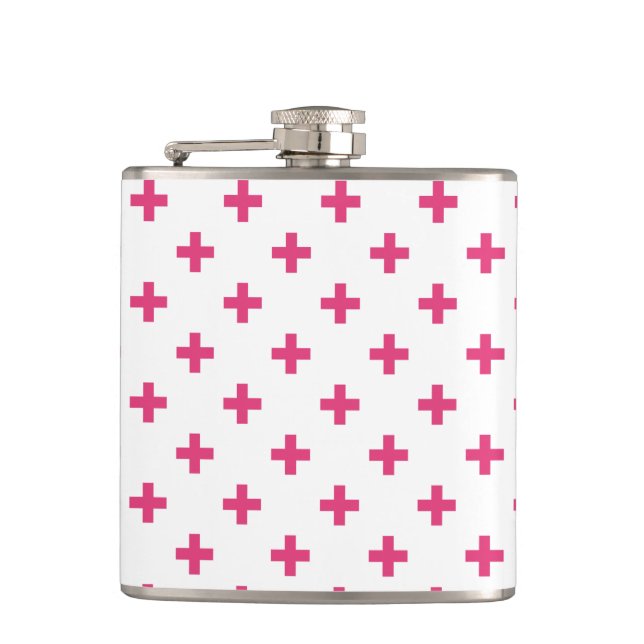 Fuchsia polka kreuzt weiß flachmann (Vorderseite)