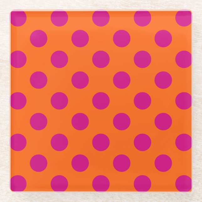 Fuchsia-Polka-Punkte auf Orange Glasuntersetzer (Vorderseite)