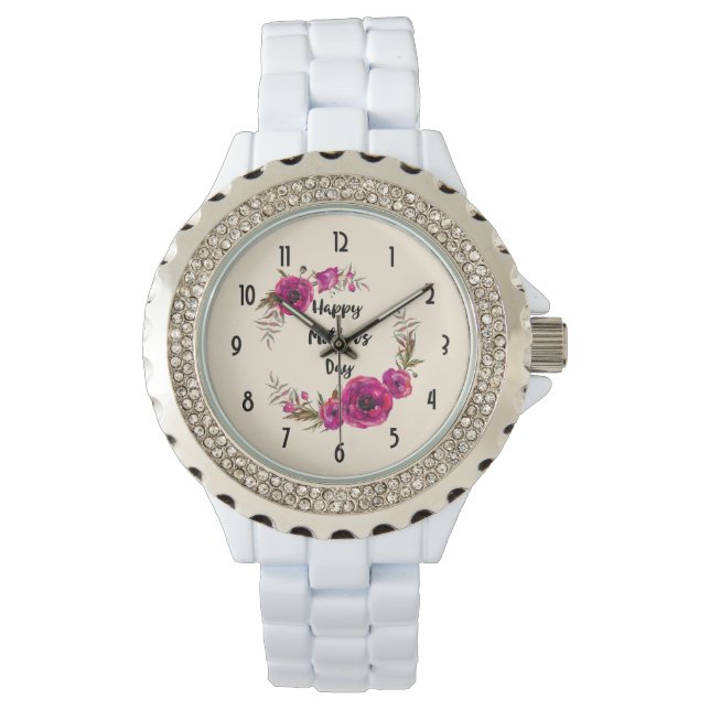Fuchsia Poppies Blumenreath Happy Mother Day Armbanduhr (Vorderseite)