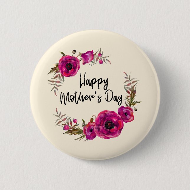 Fuchsia Poppies Blumenreath Happy Mother Day Button (Vorderseite)