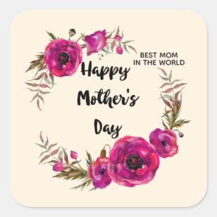 Fuchsia Poppies Blumenreath Happy Mother Day Quadratischer Aufkleber