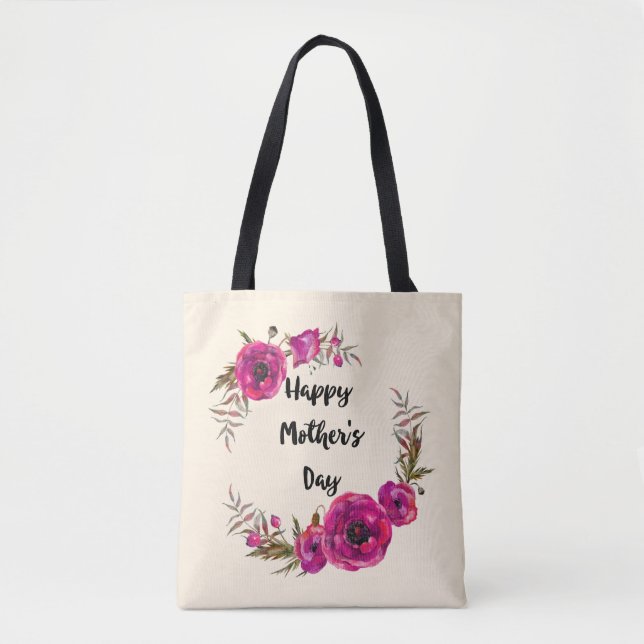 Fuchsia Poppies Blumenreath Happy Mother Day Tasche (Vorderseite)