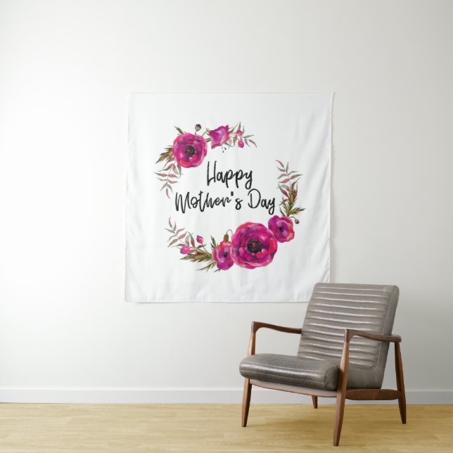 Fuchsia Poppies Blumenreath Happy Mother Day Wandteppich (Beispiel)