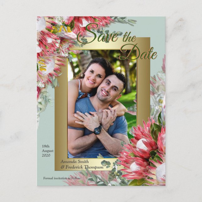 Fuchsia Protea ist mit Green & Gold Save the Date Ankündigungspostkarte (Vorderseite)