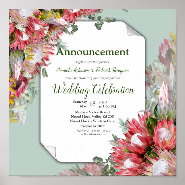 Fuchsia Protea's mit Grüntönen & Gold Ankündigung Poster (Vorne)