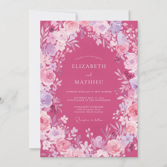 Fuchsia-Ranunculus-Sage-Hochzeit Einladung (Vorderseite)