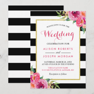 Fuchsia Raspberry Floral Stripes Moderne Hochzeit Einladung