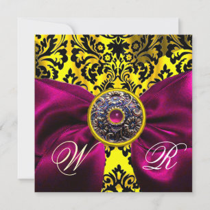 FUCHSIA RIBBON GOLD YELLOW BLACK DAMASK MONOGRAMM EINLADUNG