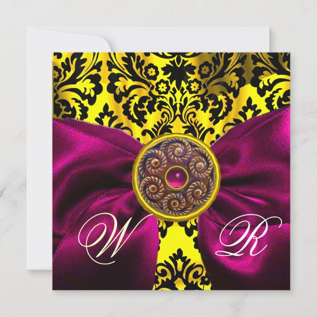 FUCHSIA RIBBON GOLD YELLOW BLACK DAMASK MONOGRAMM EINLADUNG (Vorderseite)