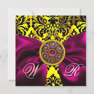FUCHSIA RIBBON GOLD YELLOW BLACK DAMASK MONOGRAMM EINLADUNG