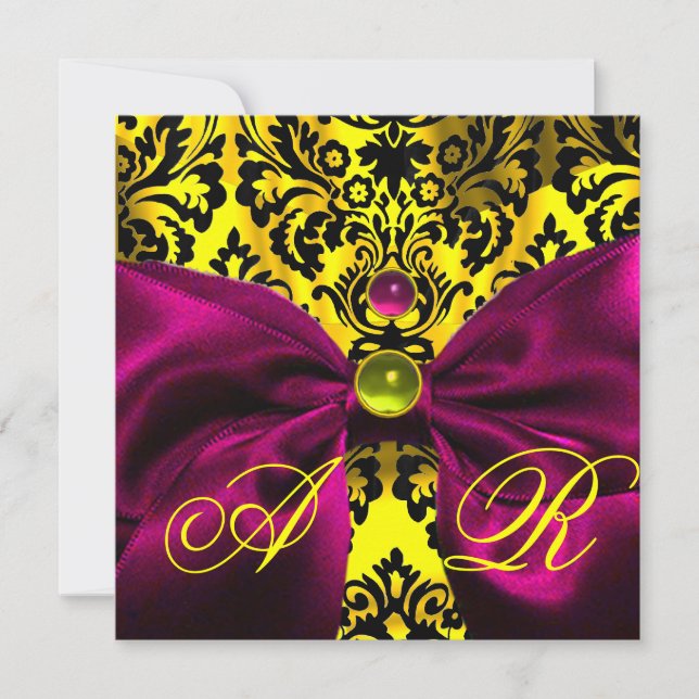 FUCHSIA RIBBON GOLD YELLOW BLACK DAMASK MONOGRAMM EINLADUNG (Vorderseite)