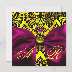 FUCHSIA RIBBON GOLD YELLOW BLACK DAMASK MONOGRAMM EINLADUNG