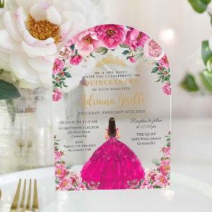 Fuchsia Rosa Blumen Gold Quinceanera XV Sweet 16 Acryleinladungen