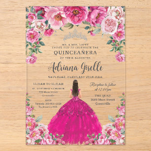 Fuchsia Rosa Florale Silber Quinceanera XV Geburts Acryleinladungen