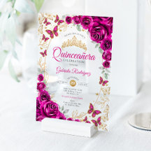 Fuchsia Rosa Gold Floral Quinceanera