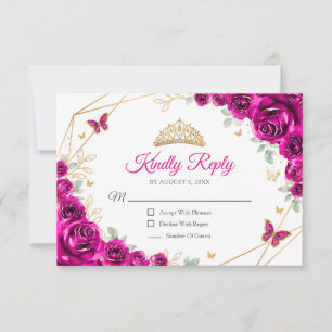 Fuchsia Rosa Gold Floral Quinceanera-Antwort RSVP Karte