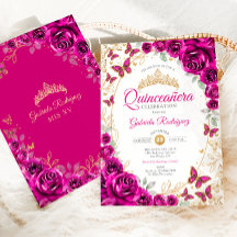 Fuchsia Rosa Gold Floral Quinceanera