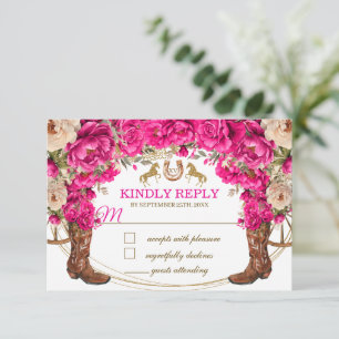 Fuchsia Rosa Goldene Cowboy-Stiefel Quinceañera RS Mitteilungskarte