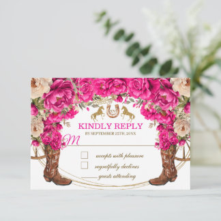 Fuchsia Rosa Goldene Cowboy-Stiefel Quinceañera RS Mitteilungskarte