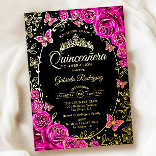 Fuchsia Rosa Goldene Schwarze Rosen Quinceanera Folieneinladung