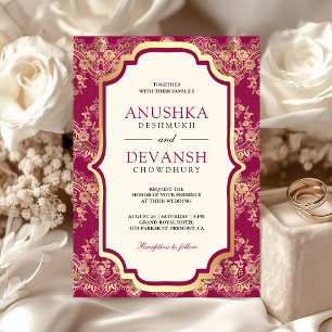 Fuchsia Rosa Goldspitze Indische Hochzeit Einladung