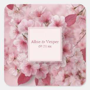 Fuchsia Rosa Kirschblüten Rosen Gold Hochzeit Quadratischer Aufkleber