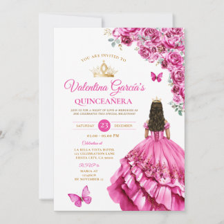 Fuchsia Rosa Kleid Quinceañera 15 Jahre Floral Gol Einladung