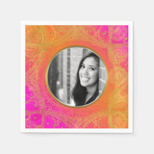 Fuchsia Rosa Orange Gold Mandala Foto Party Serviette
